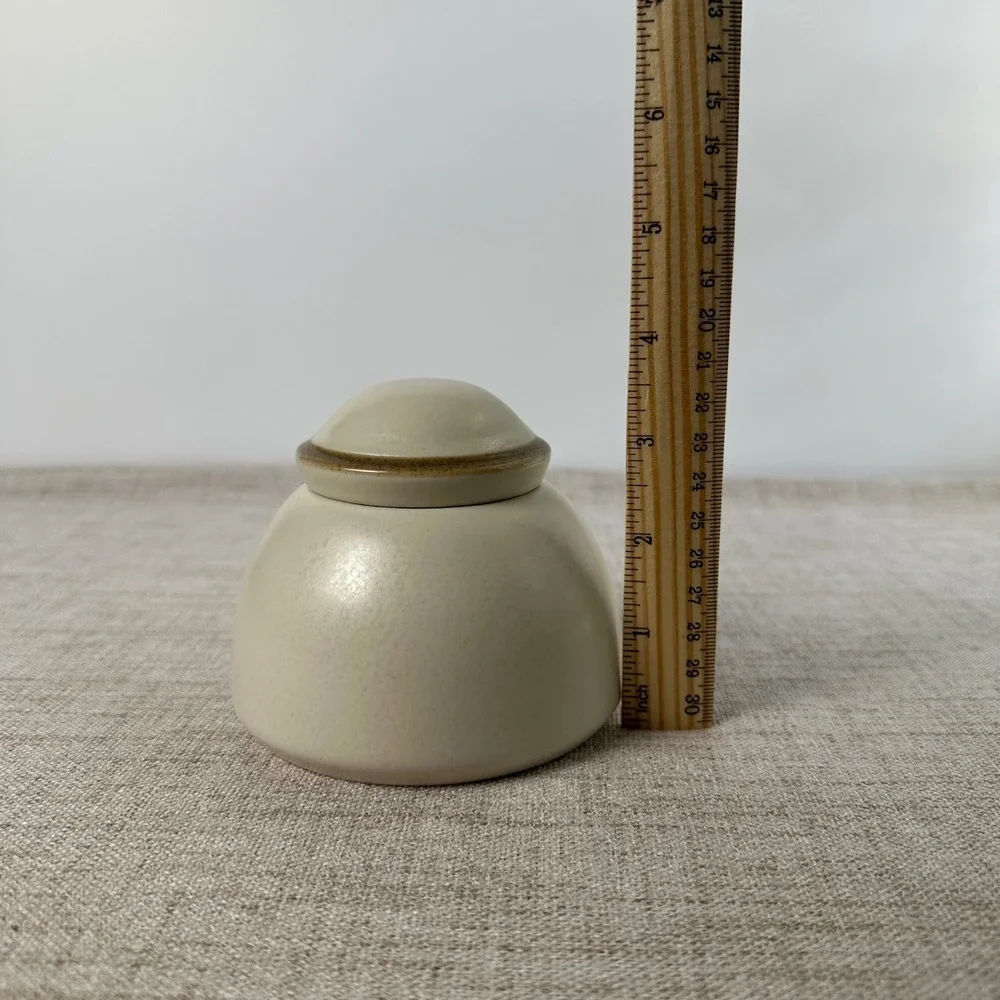 Dansk Santiago White Lidded Sugar Bowl | Cream Beige Ceramic Tan Trim